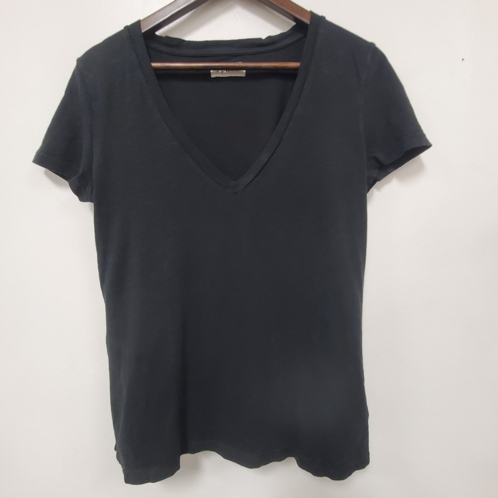 Rowan Tyler Slub Deep V Neck Shirt Size S Quiet Luxury Cotton Short Sleeve Black